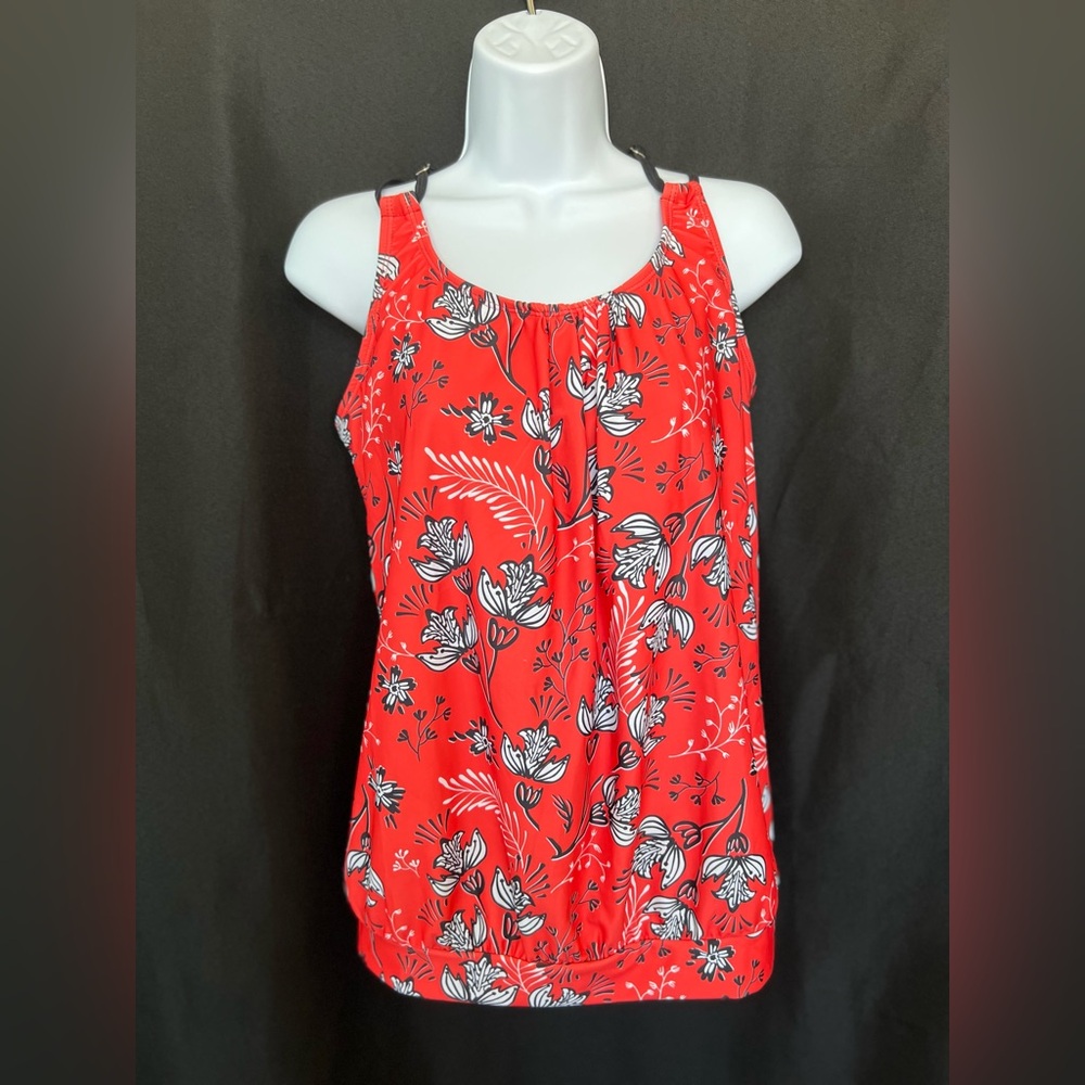 🌺 GUC Orange, Black & White Floral Blouson Tankini Top | Women’s XL
